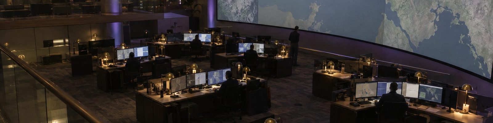 An operations watch floor seen at night from an elevated mezzanine: rows of monitoring desks with lamps and a large curved display wall of muted geographic imagery, with a few staff silhouetted at a distance.