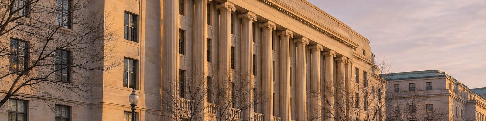 A limestone federal-style office building with a long colonnade photographed from the empty street in low morning light, bare trees in the foreground.