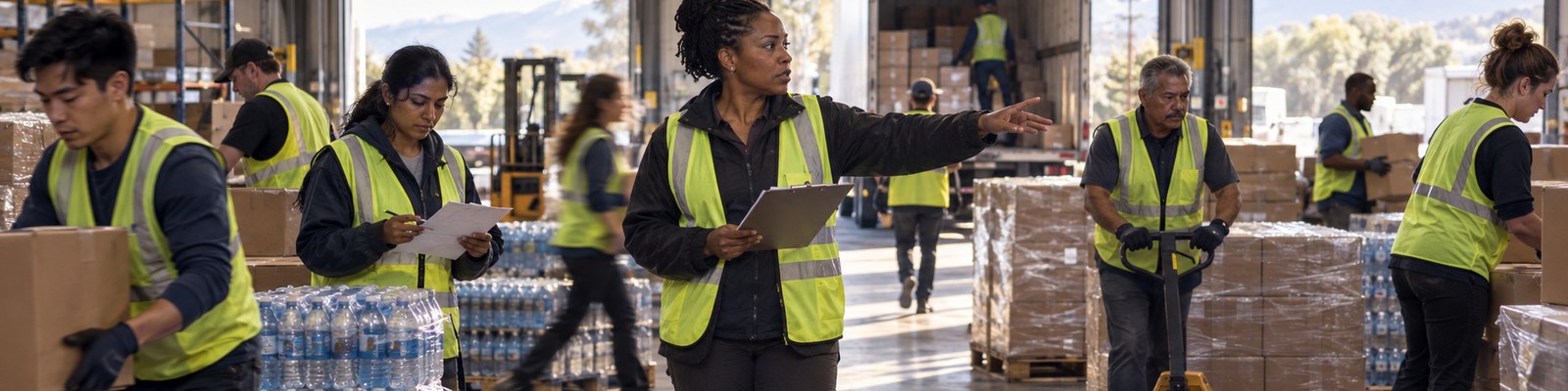 A humanitarian relief distribution operation in a daylit warehouse: a woman in a hi-vis vest directing the line with a clipboard while a diverse team moves pallets of boxes and cases of bottled water.