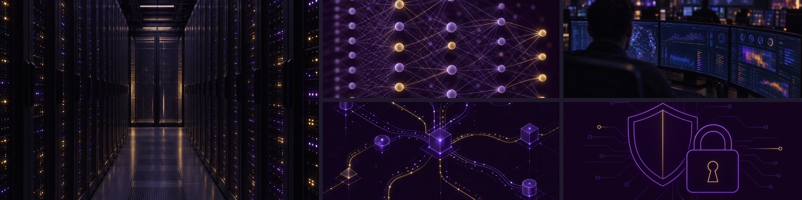 A multi-panel mosaic banner in deep purple and gold: a data-center server aisle, an abstract neural-network node diagram, an isometric network topology motif, a secure operations console with abstract dashboards, and line-art shield and padlock symbols.