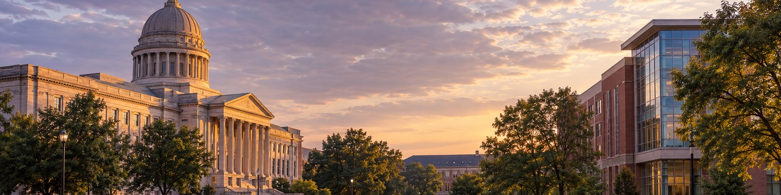 A civic streetscape at golden hour: a domed stone state capitol building with a columned portico on the left and a modern brick-and-glass academic campus building among mature trees on the right.