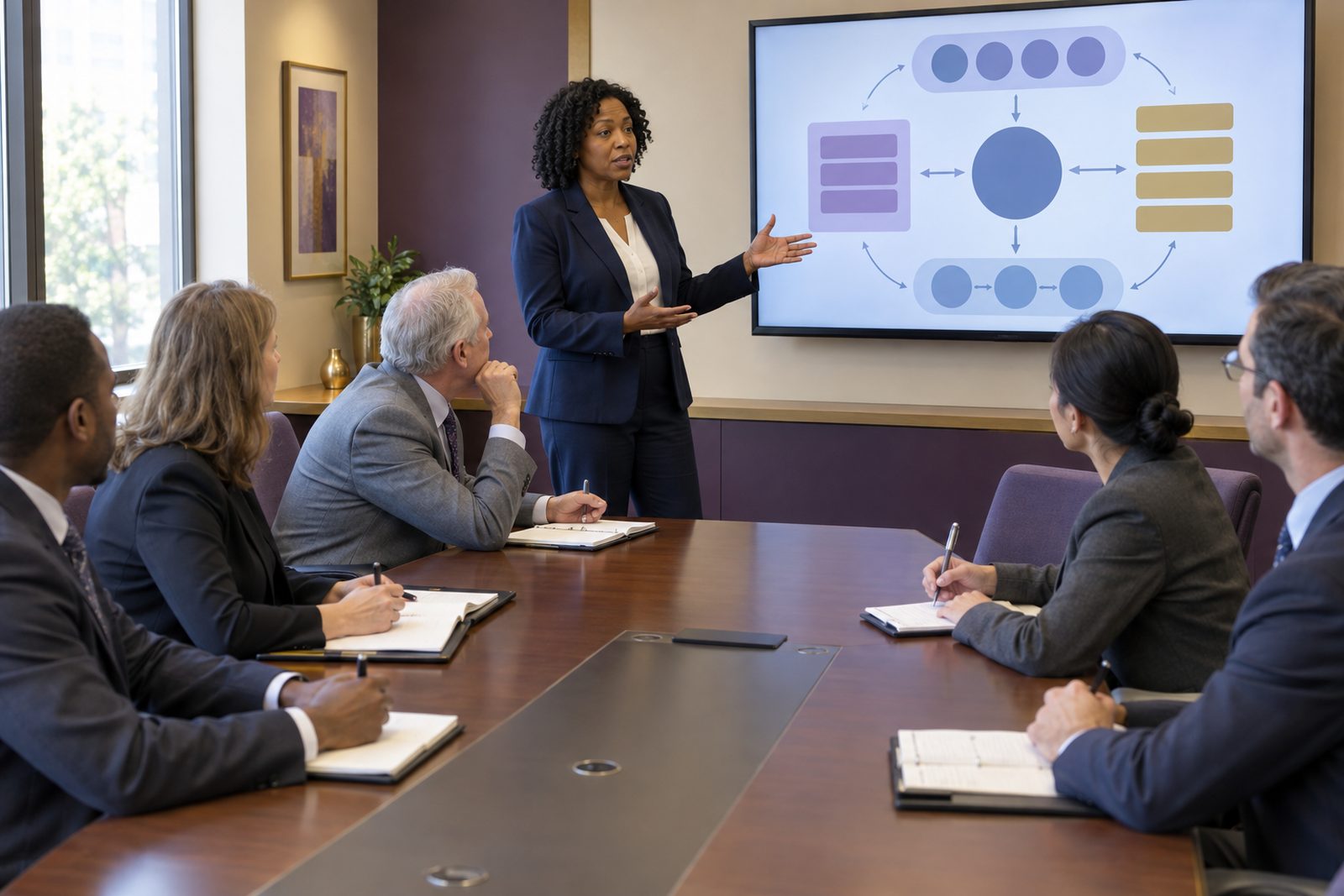 A woman in a navy business suit standing at a wall display, briefing a continuity of operations plan to five colleagues in business attire seated around a conference table taking notes.