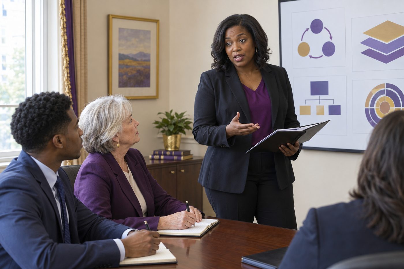 A woman in a dark blazer presenting a continuity briefing from an open folder beside a wall display of abstract diagrams, to three seated stakeholders in business attire taking notes.