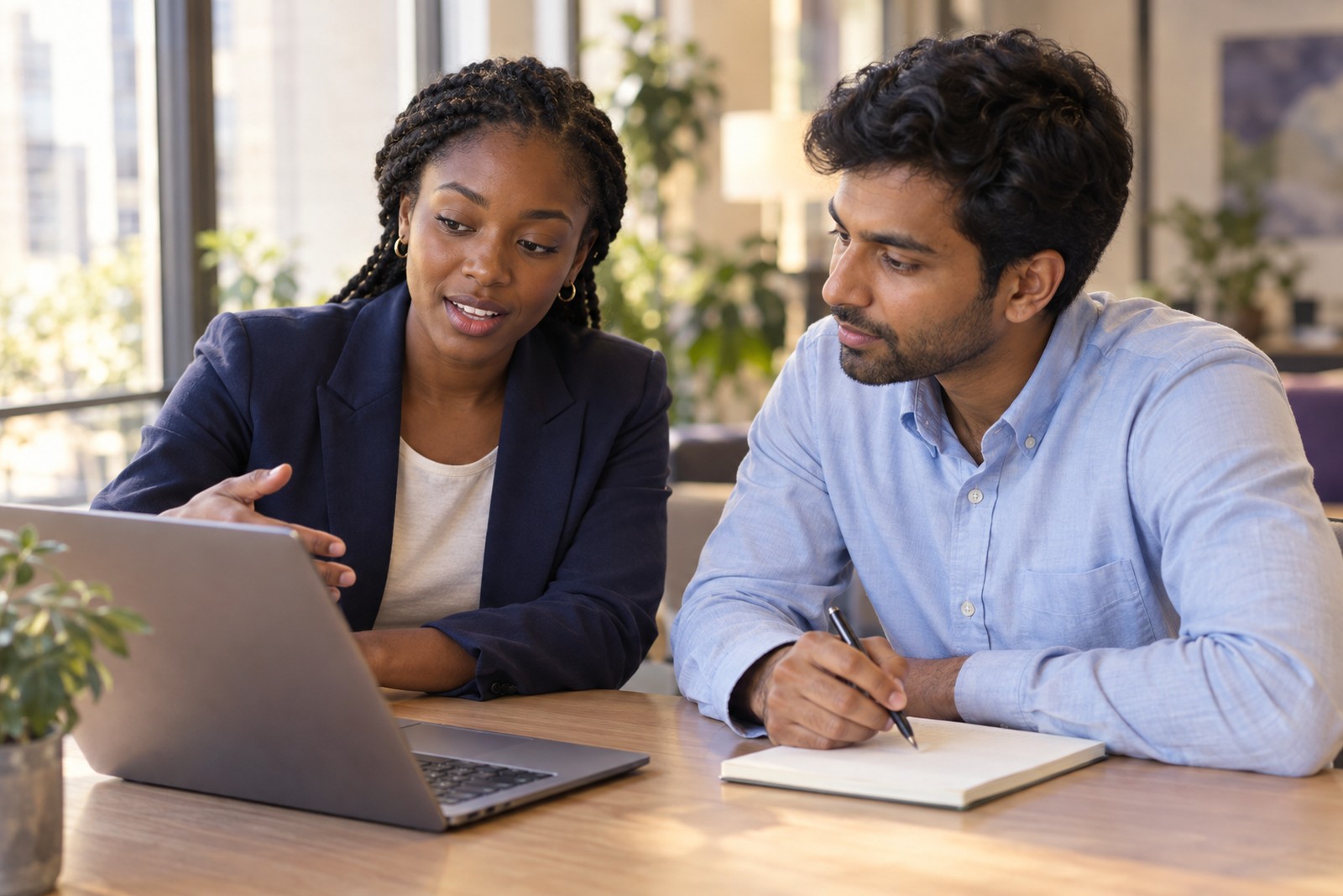 Two early-career consultants working together at a table by a bright window, one explaining something on a laptop screen while the other takes notes.