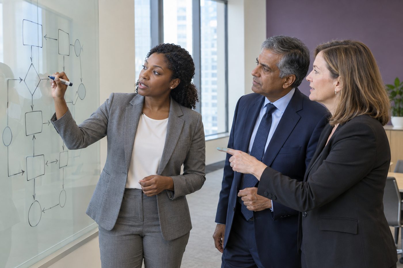 A woman in a gray suit annotating an abstract process flow diagram on a glass wall board with a marker while two senior colleagues in business attire discuss and point at one step of the flow.