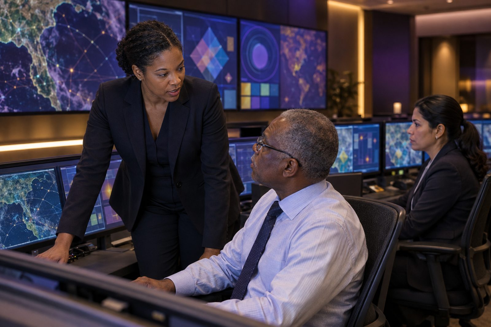 A woman in a dark business suit standing at an operations center console directing coordination with a seated senior analyst, while a colleague at the next console monitors abstract wall displays.