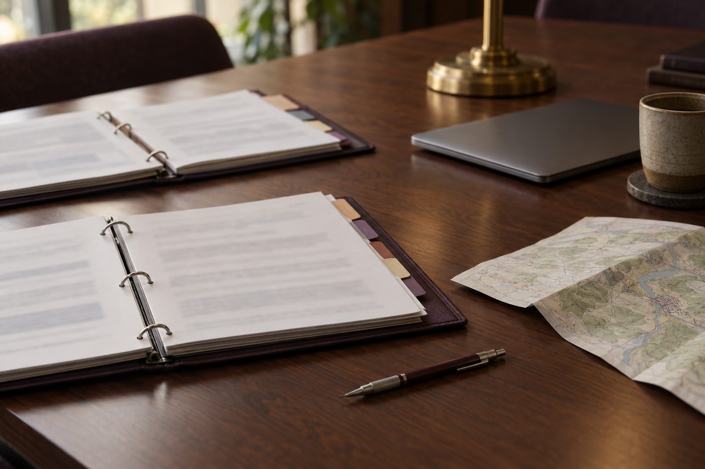 Open printed continuity plan binders with tabbed dividers, a folded site map, and a mechanical pencil on a dark wooden conference table in soft window light.