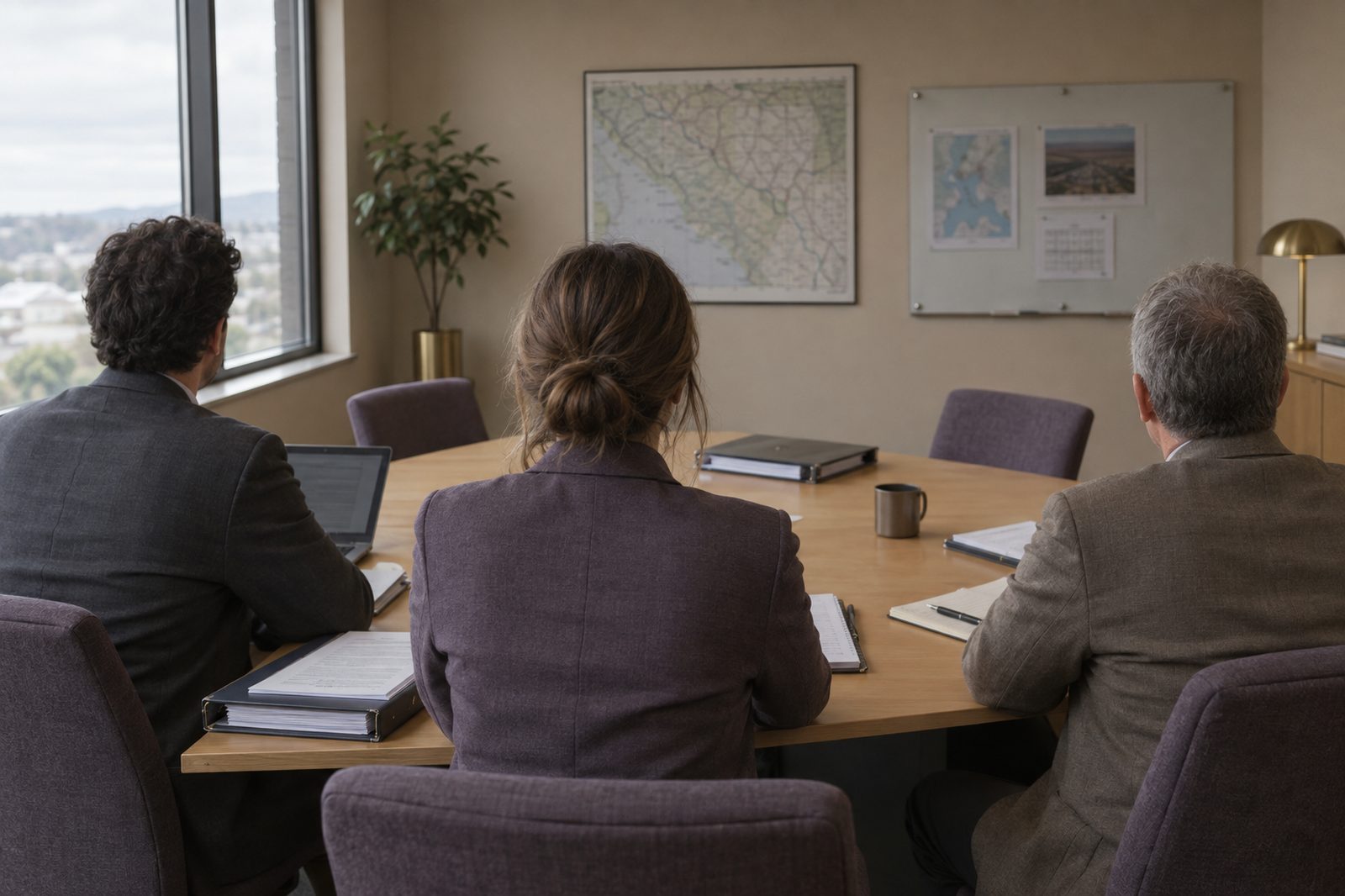 Three people in business attire seated around a conference table with printed binders, notepads and a laptop, seen from behind during a continuity planning working session beside a daylit window.