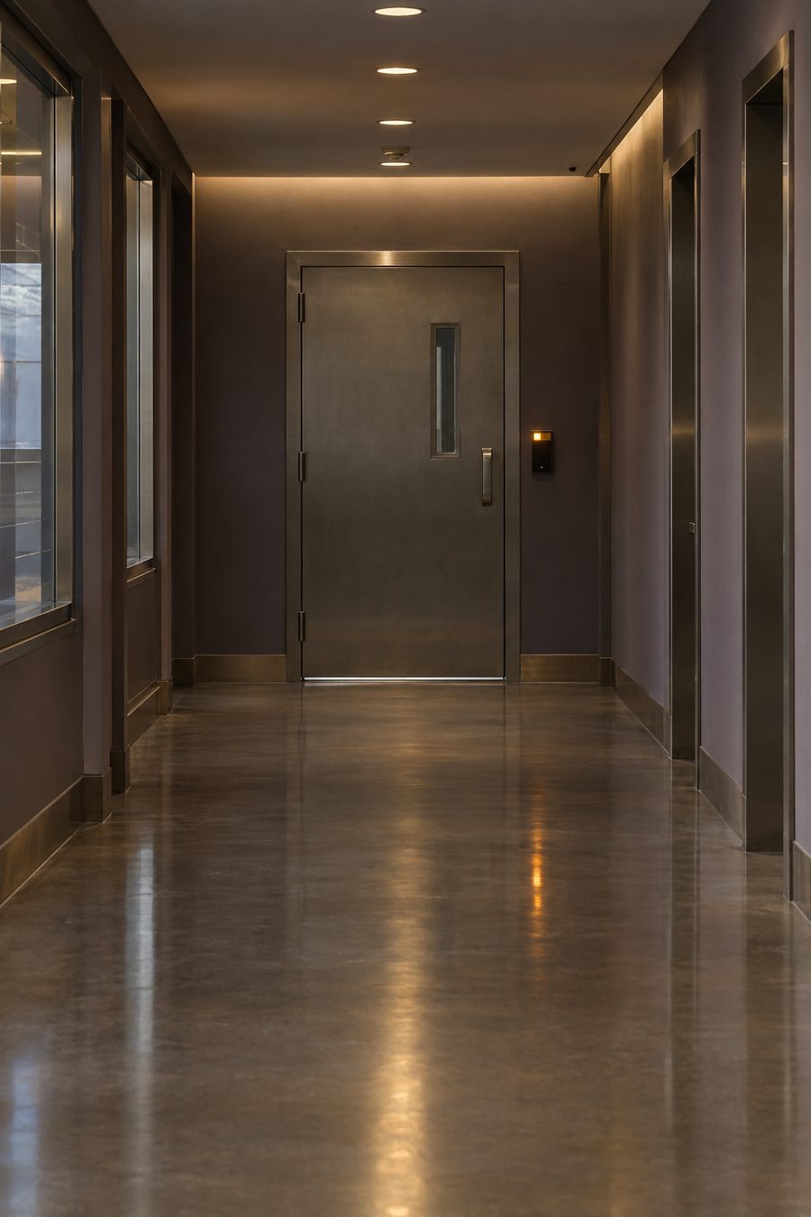 An empty controlled-access corridor ending in a heavy steel security door with a card reader panel beside it, lit by warm recessed ceiling lighting.