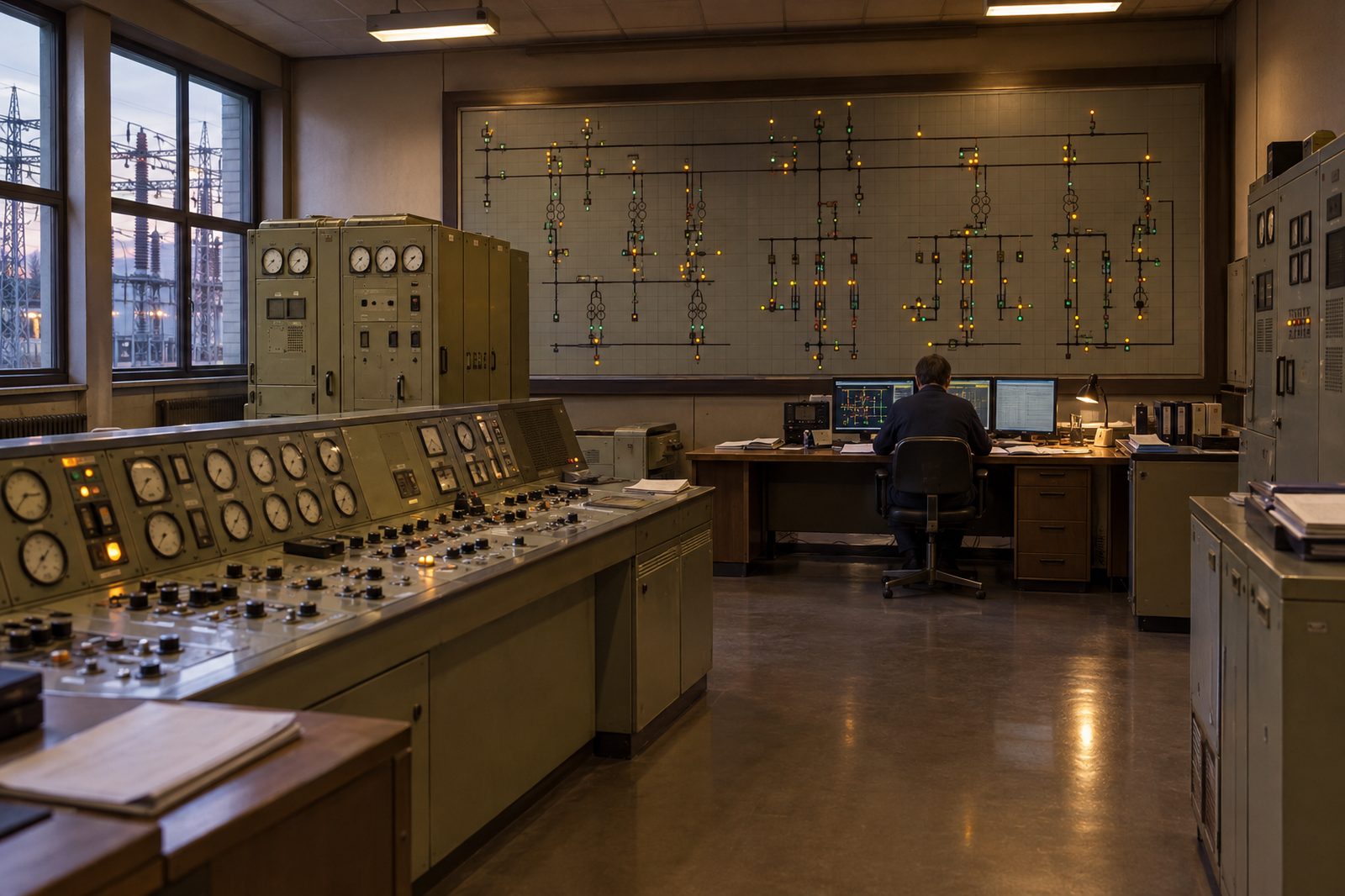 A utility control room with a wall-mounted schematic mimic panel of indicator lamps, banks of analog gauges and switches, and a single operator seen from a distance at a monitoring desk.